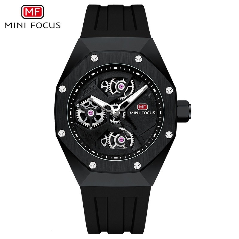 Mini FOCUS 0422 時尚男士手錶頂級品牌豪華石英防水運動時鐘手錶紅色矽膠錶帶