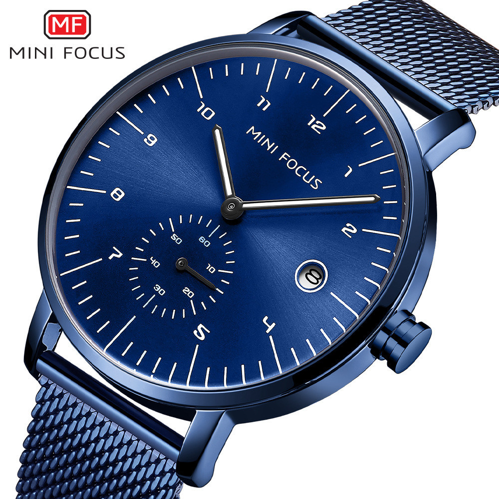 MINI FOCUS 男腕錶休閒男石英錶日曆防水米蘭鋼帶網狀錶帶男手錶0303G-M047