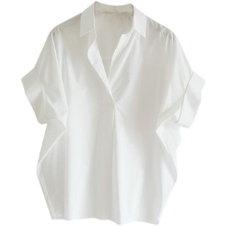 7TNT 復古港味短袖襯衫女夏季洋氣百搭白色襯衫寬鬆蝙蝠袖領上衣洋裝 套裝 短版上衣 套裝夏天