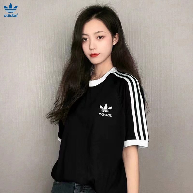 Adidas 愛迪達T恤 女子三葉草刺綉經典三條杠短T 情侶條紋拼裝拼接短袖 夏季街頭潮流純棉透氣上衣