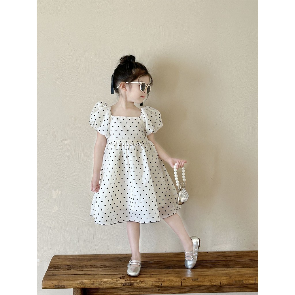 ✨HIKIDS✨兒童洋氣洋裝 女童韓版夏季新款圓點短袖公主裙
