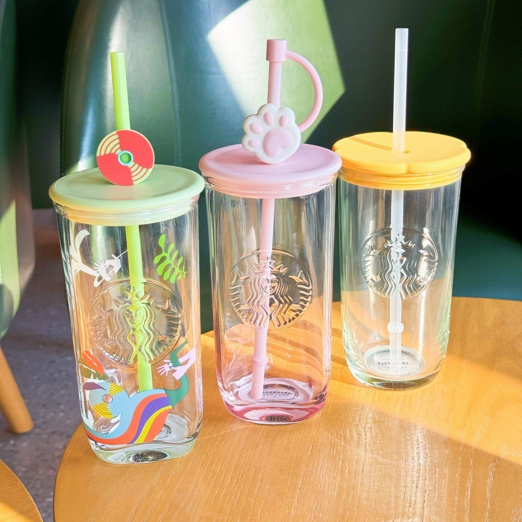 極品貨物—星巴克杯子2023萌寵粉色音樂花朵小清新禮物三角玻璃桌面吸管水杯