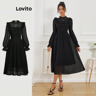 Lovito 女式復古素色網紗拼接褶邊透明連身裙 LBL10077