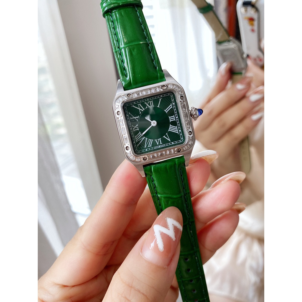 魅力時尚皮革錶帶女士石英錶，卡家，卡牌 山度士鑽石外圈綠色錶盤高貴清新，女士手錶優雅奢華
