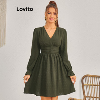Lovito 女士休閒點點布料拼接褶皺結構線條洋裝 LBL11140
