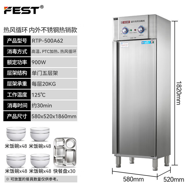 【臺灣專供】FEST二星級高溫消毒櫃商用消毒碗櫃立式消毒櫃大容量不鏽鋼食堂單門雙門帶熱風循環碗筷密胺消毒櫃 單門五層 熱