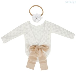 Wit 2 件新生兒攝影道具套裝嬰兒蝴蝶結蕾絲連身衣花朵頭帶套裝嬰兒照片緊身衣褲