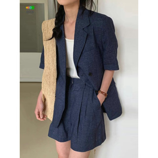 Rove【超耐看】 韓國chic夏季復古百搭薄款短袖西裝外套+高腰壓褶寬版短褲兩件套