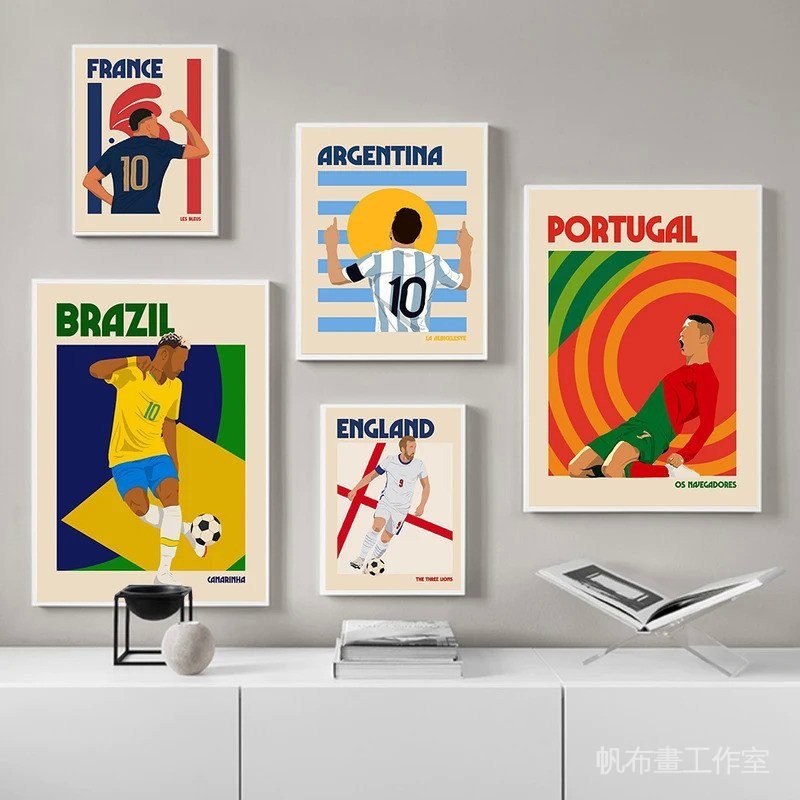 法國英格蘭巴西阿根廷葡萄牙足球復古插畫牆藝術帆布繪畫彩色男孩球迷運動海報裝飾
