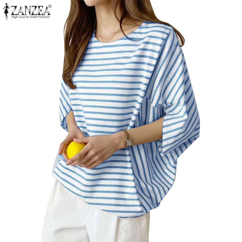 Zanzea 女式韓版休閒圓領 3/4 袖寬鬆條紋襯衫