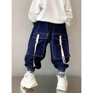 🍑Smile Kids🍑兒童牛仔褲 臺灣出貨 男童潮牌工裝牛仔褲2024春裝韓版中大童洋氣兒童寬鬆洋氣休閒褲子