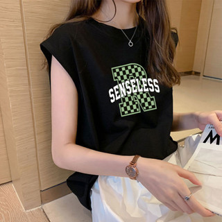 夏季新款 寬鬆飛飛袖 大尺碼 無袖背心女 T恤 設計感字母夯ins上衣打底衫親膚棉質 短裝多色可選