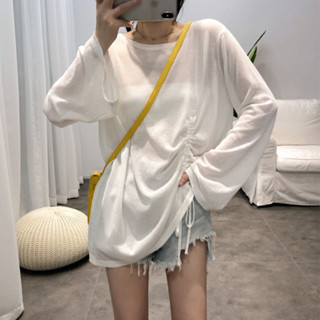 M-4XL 大尺碼圓領罩衫女 大尺碼冰絲套頭外搭透氣長袖防曬衫夏季薄款寬松學生t恤抽繩上衣女