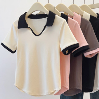 【好質量】L-4XL 大尺碼polo領T恤女 大尺碼polo衫女 撞色T恤 夏季新款短袖T恤女休閑百搭上衣女