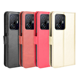 適用小米11T手機殼Xiaomi 11T Pro手機皮套翻蓋瘋馬紋掛繩插卡殼5