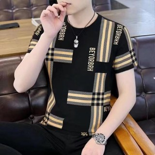 《現貨下單》【店鋪熱銷】夏季冰絲男士短袖t恤男品質圓領條紋男裝上衣冰涼衣服潮流百搭12圓領小b t恤短袖冰絲短袖男
