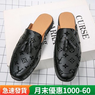 現貨 時尚皮革平底鞋半滑便鞋男士駕駛鞋刺繡休閒鞋半拖鞋 PFYW