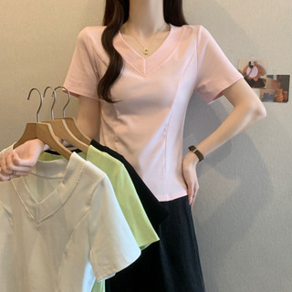 M-4XL 韓系甜美正肩短袖T恤 精棉210克 V領短袖上衣 大尺碼女裝上衣 純色T恤 夏天女裝 修身顯瘦上衣 素色打底