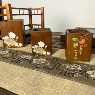 中式木質筆筒復古新中式實木收納盒教師節禮物辦公室桌上擺件訂製