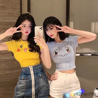 【免運】皮卡丘甜辣顯胸短袖T恤女網紅ins少女卡通短款露臍緊身上衣閨蜜裝