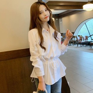 春秋新款白色襯衫女時尚洋氣設計感小眾長袖寬鬆收腰顯瘦複古上衣