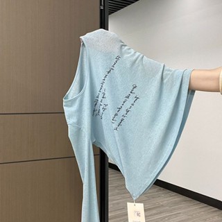 【HOT 本舖】 黑色薄款微透防曬罩衫長袖T恤女夏季新款字母印花寬鬆慵懶風上衣