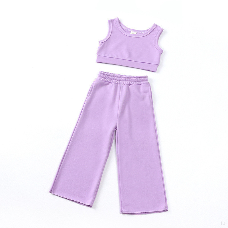 兒童日常時尚女嬰純棉針織上衣和慢跑褲套裝兒童女孩生菜背心和褲子套裝 1-10 歲