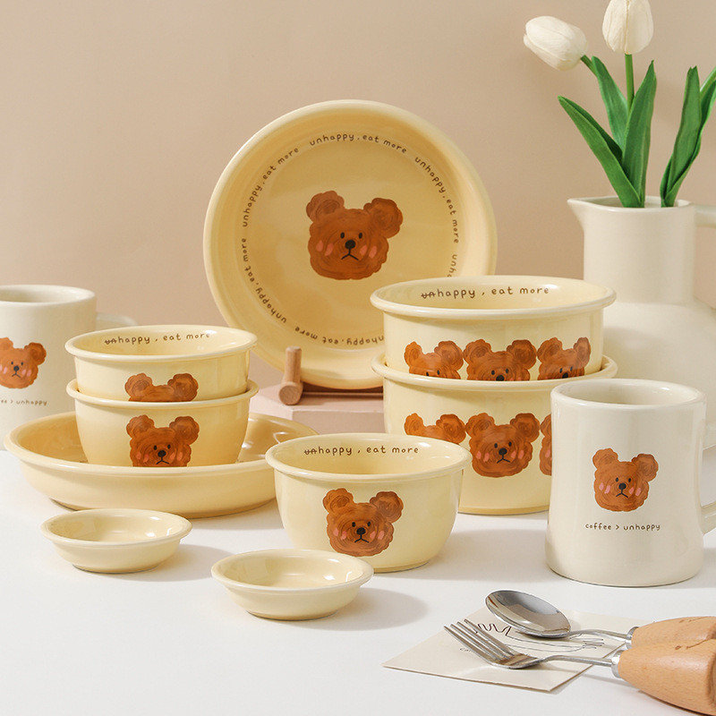 可愛emo熊餐具 韓系小熊 ins風 網紅 家用陶瓷碗盤套裝 牛角包菜盤 碟子 湯碗