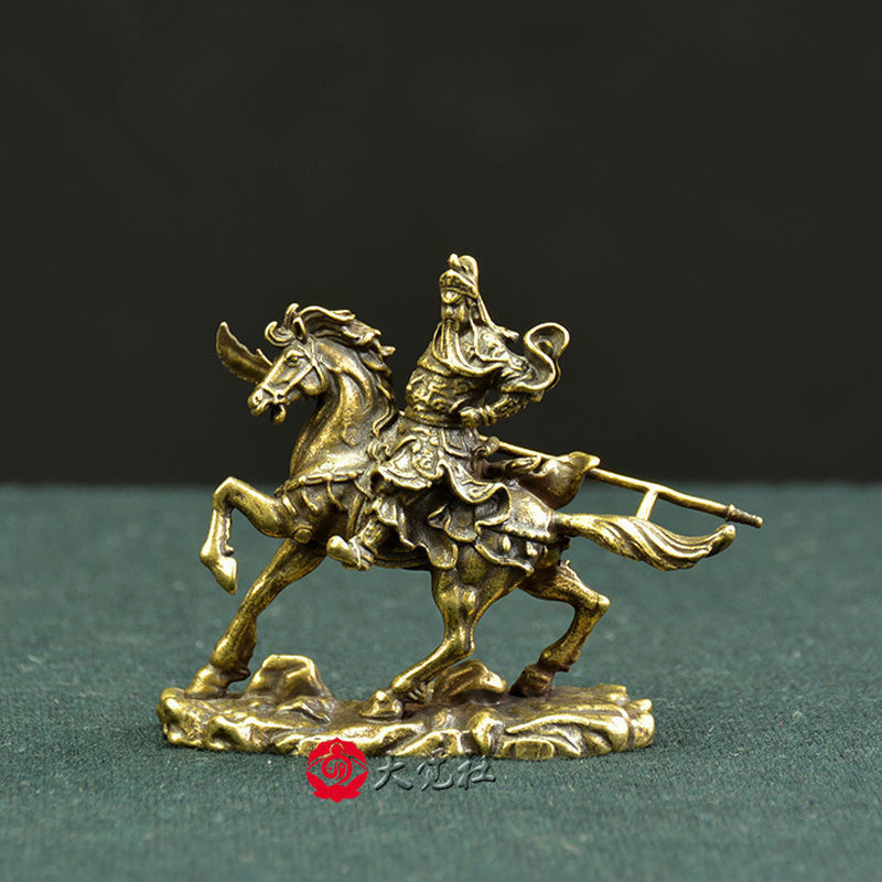 黃銅關公雕像小擺件純銅關二爺橫刀騎馬武財神佛像古玩銅器收藏