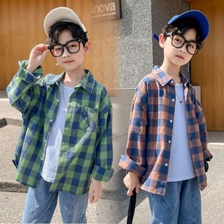 110-160 男童韓版純棉格子襯衫長袖口袋鈕扣上衣 3-14 歲