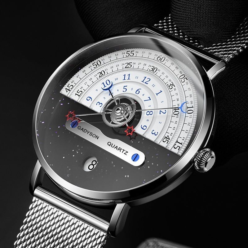 高級男表星空點綴個性轉盤日月星辰齒輪錶針學生多功能手錶