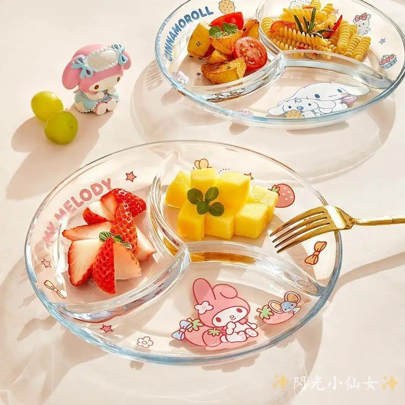 Cinnamoroll Hello Kitty 玻璃隔層餐盤水果沙拉盤 My Melody 家用廚房烤盤餐具 3 格食物