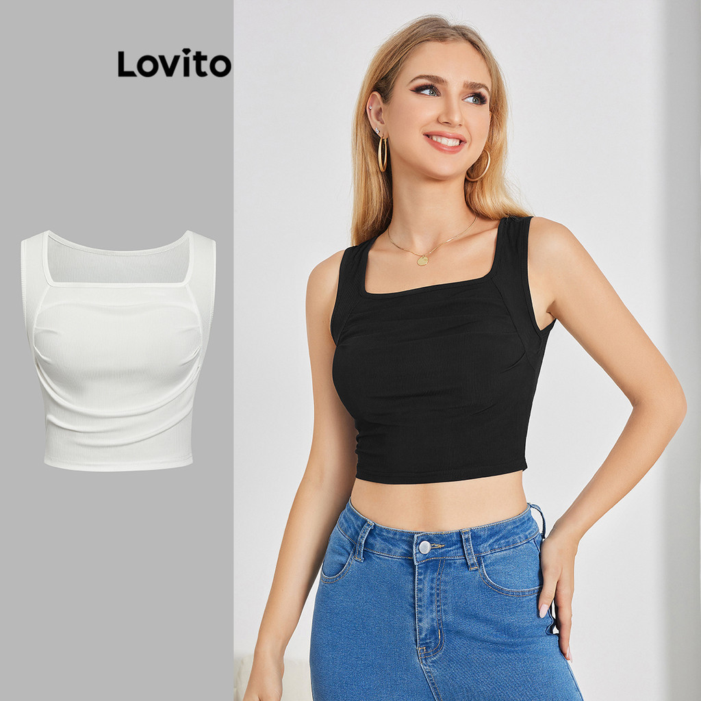 Lovito 女款休閒素色褶飾短版背心 LBE04044 (多色的）
