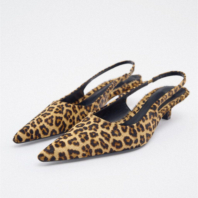 ZARA2023年春季新品女鞋豹紋動物紋印花露跟低跟鞋涼鞋女尖頭高跟鞋