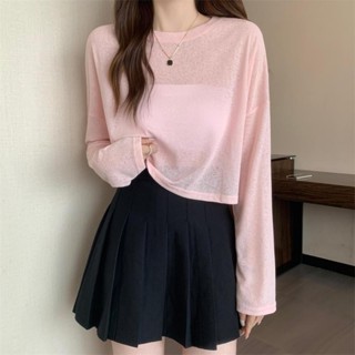 現貨速發！【Ready Stock】防曬薄款長袖t恤女ins潮小眾設計感夏季寬鬆顯瘦短版上衣空調罩衫