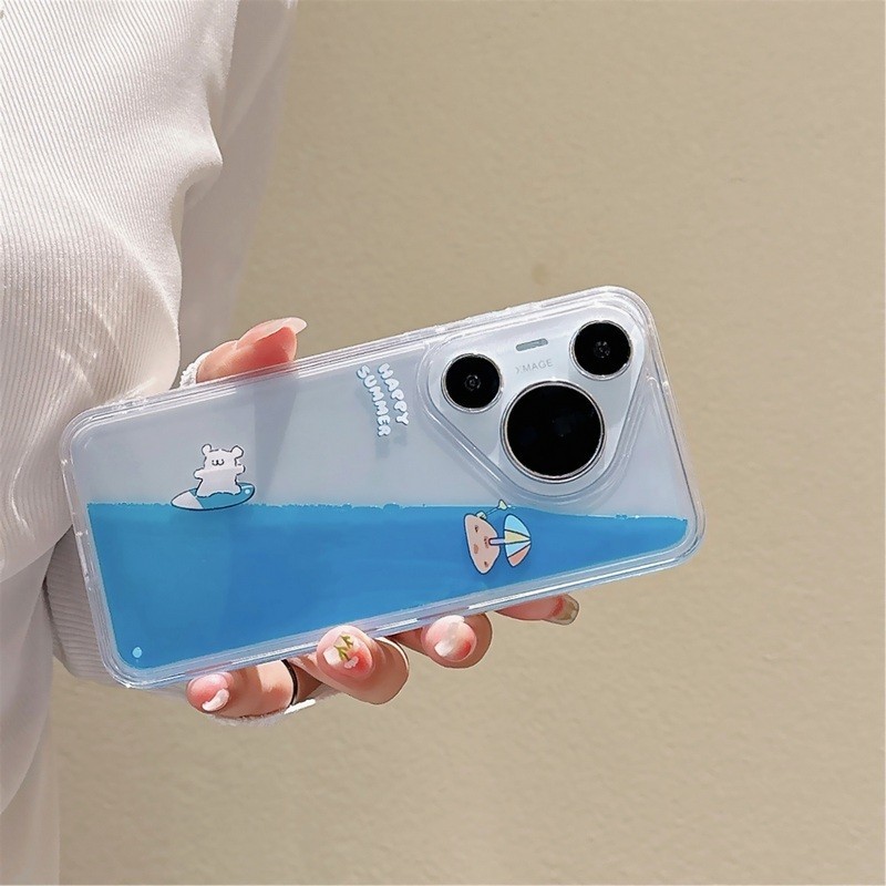衝浪小白眉狗可流動藍色液體透明硬殼適用於華為 Pura 70 Pro+ 70 Pro Pura70 P60 P60Pro