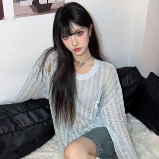 💖臺灣出貨💖針織罩衫 長袖針織衫 針織外套 baby藍小清新薄款針織衫女夏季2024新款寬鬆慵懶風外搭防曬上衣潮