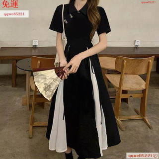 【台灣出貨】大尺碼女裝 夏天洋裝 大碼女裝 夏裝 改良旗袍連衣裙女溫柔國風茶歇設計感赫本小黑裙 女生洋裝 連身裙 長洋裝