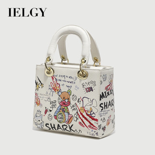 IELGY 女士斜挎小方包 塗鴉水桶包 簡約圓筒包 小熊字母戴妃手提包