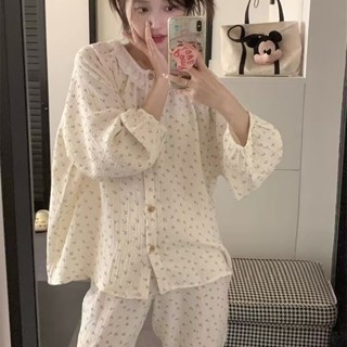 【有幸時光】網紅ins蕾絲小碎花ins大碼睡衣 純棉睡衣女 甜美少女卡通可愛學生睡衣 家居服套裝 春秋夏季長袖長褲睡衣