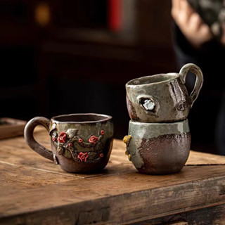 【現貨】日式陶瓷杯 水杯 馬克杯 咖啡杯子 手工柴燒主人杯日式複古粗陶茶杯子家用帶手柄品茗杯功夫茶具個性