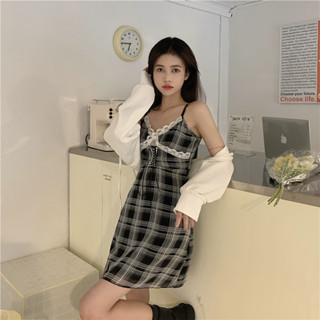 【HOT 本舖】女裝 實拍實價 格子吊帶連衣裙女雪紡純欲風蕾絲拼接綁帶顯瘦a字短裙夏