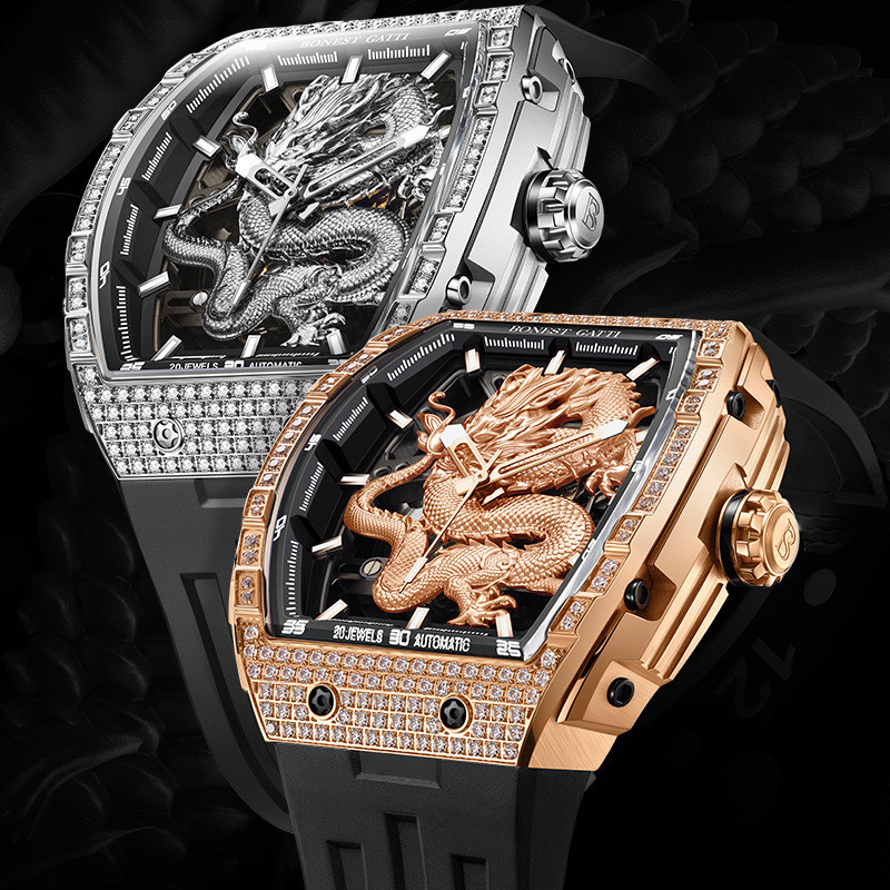 布加迪品牌新款手錶男士個性龍表浮雕鑲鑽氣質酒桶形時尚機械錶