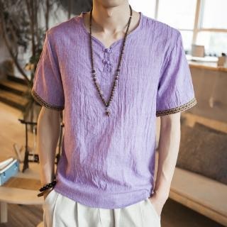 男士亞麻冰絲短袖T恤民族風盤扣素色印花百搭國潮棉麻短袖t恤大學T透氣排汗唐裝漢服居士服禪服潮牌