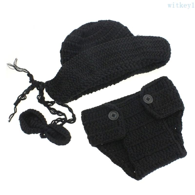 Wit 3 件新生兒攝影道具鉤針服裝嬰兒褲子帽子圍巾套裝嬰兒照片針織豆豆帽子短