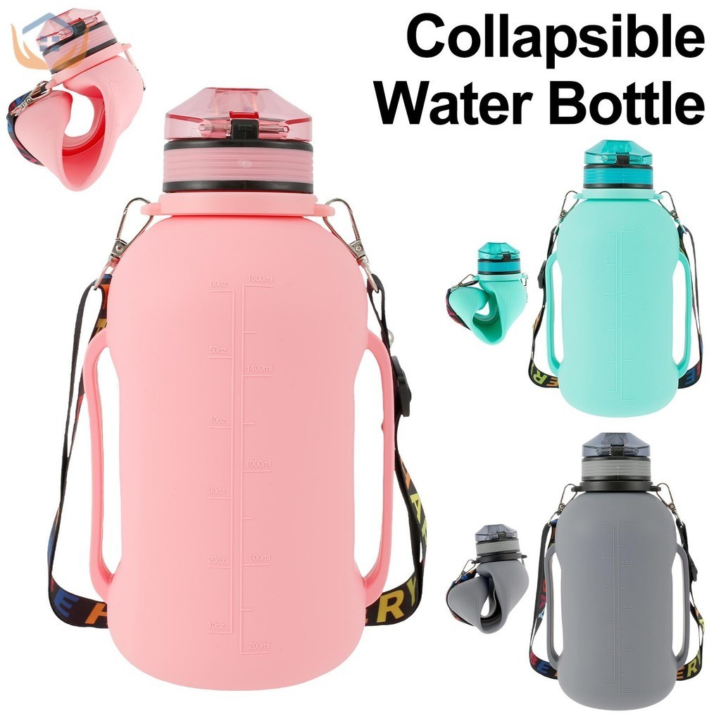 可折疊水瓶 2L/64oz 運動水壺帶水測量標記和時間標記可折疊水瓶帶手柄不含 BPA 矽膠水瓶 SHOPTKC4667