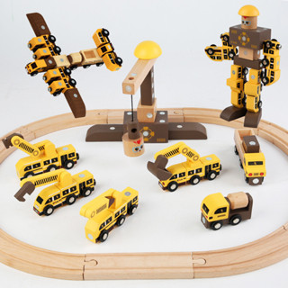 木製小火車玩具 軌道車磁性diy拼裝玩具 百變工程車積木 創意拼搭機器人