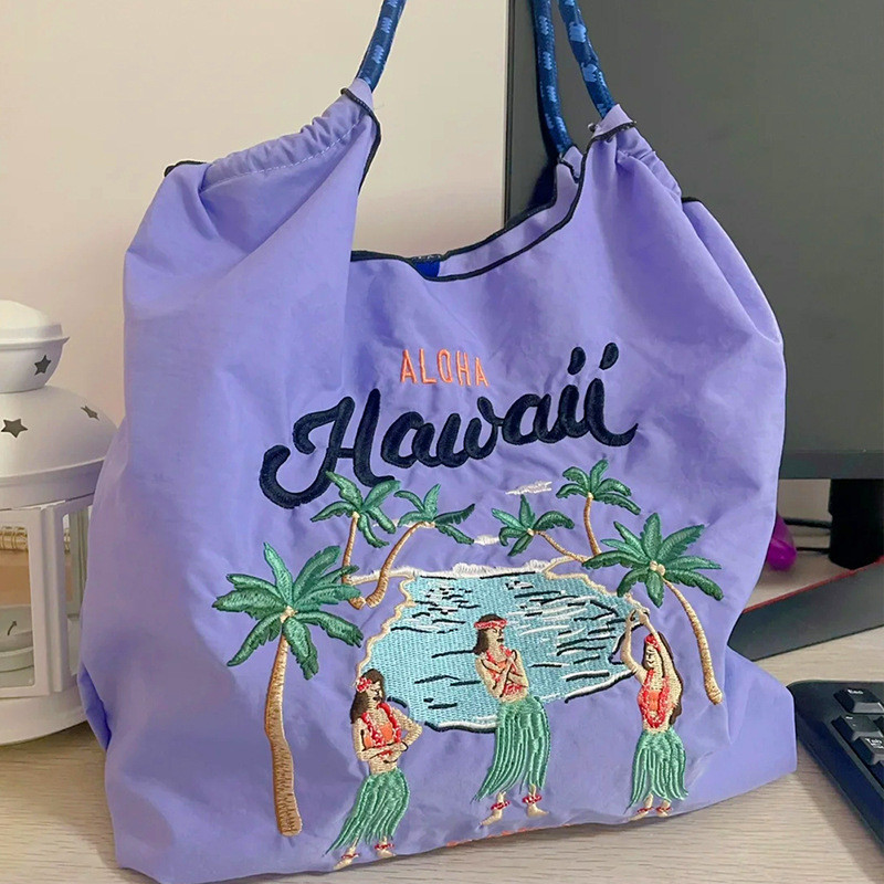 【YOFUR】現貨 夏威夷刺繡ball chain日系環保購物袋 精品小眾 大容量手提袋 環保尼龍布袋