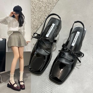 中跟鞋 漆皮樂福鞋 夏季女蝴蝶結時尚方頭粗跟高跟鞋女