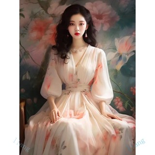 桃園出特價熱賣女裝 早春顯瘦新款法式度假風超僊高貴v領長裙小眾設計碎花雪紡洋裝|